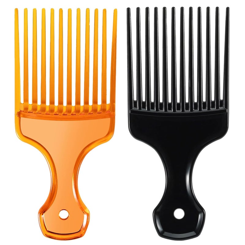 SIMPOR 2 Pcs Hair Pick Comb Wide Tooth Lift for Hair Styling Detangling Plastic Afro Pick for Women Men (Clear Orange, Black) - Image 1